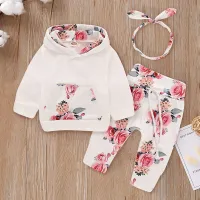 Baby Floral Printed Long-sleeve Hoodie & Pants With Headband  White