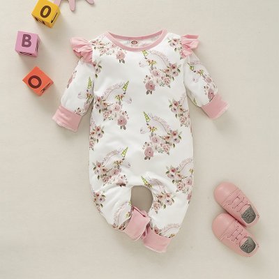 Baby Girl Unicorn Floral Printed Ruffle Jumpsuit