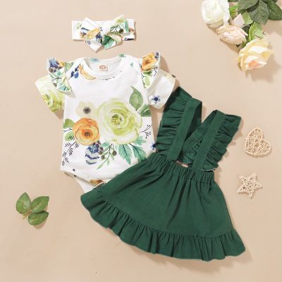 3-piece Floral Printed Bodysuit & Solid Braces Skirt & Headband for Baby Girl