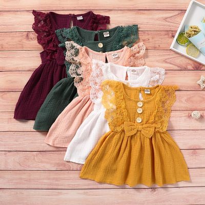 Baby Girl Solid Color Bowknot Decor Lace Sleeveless Dress