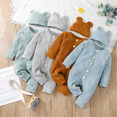 Baby Solid Color Pit Strip Fabric Long Sleeve Jumpsuit & Cute Ear Hat