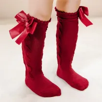 Toddler Girl Bowknot Decor Solid Color Stockings  Burgundy