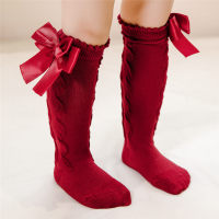 Toddler Girl Bowknot Decor Solid Color Stockings  Burgundy