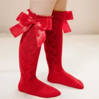 Toddler Girl Bowknot Decor Solid Color Stockings  Red