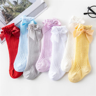 Calcetines de malla con decoración de bowknot de color sólido para niña