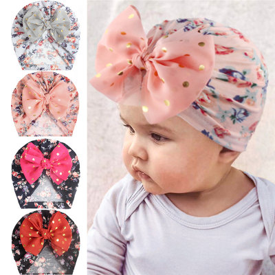 Baby Bowknot Decor Floral Print Woolen Hat