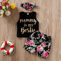 Baby Letter Printed Top & Floral Shorts with Headband  Black