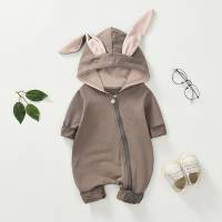 Baby Solid Color 3D Design Rabbit Ear Long-Sleeve Jumpsuit  Brown