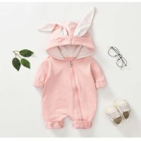 Baby Solid Color 3D Design Rabbit Ear Long-Sleeve Jumpsuit  Pink