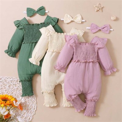 Baby Girl Sweet Solid Color Ruffle Long Sleeve Jumpsuit With Headband