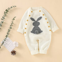 Baby Rabbit Pattern Long Sleeve Knitted Jumpsuit  White