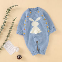 Baby Rabbit Pattern Long Sleeve Knitted Jumpsuit  Blue