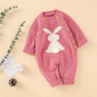 Baby Rabbit Pattern Long Sleeve Knitted Jumpsuit  Pink