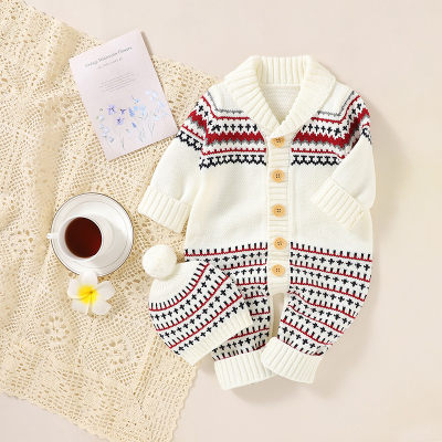 Baby Casual Stripes Pattern Long Sleeve Knitted Jumpsuit & Hat