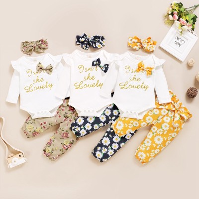 3-piece Bow Decor Bodysuit & Floral Printed Pants & Headband for Baby Girl