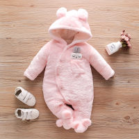 Baby Solid Color Rabbit Style Hooded Footed Long-sleeved Long-leg Plush Romper  Pink