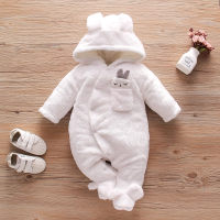 Baby Solid Color Rabbit Style Hooded Footed Long-sleeved Long-leg Plush Romper  White