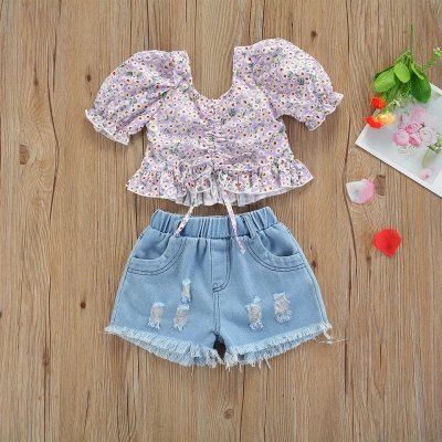 Toddler Girl Puff Sleeve Floral Top & Ripped Denim Shorts