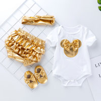 Baby Bow Decor Romper & Gold Shorts & Shoes With Hairband 4 Pcs  White