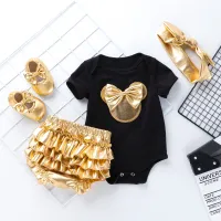 Baby Bow Decor Romper & Gold Shorts & Shoes With Hairband 4 Pcs  Black
