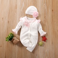Baby Sweet Ruffle Lace Long-sleeve Jumpsuit With Hat  White