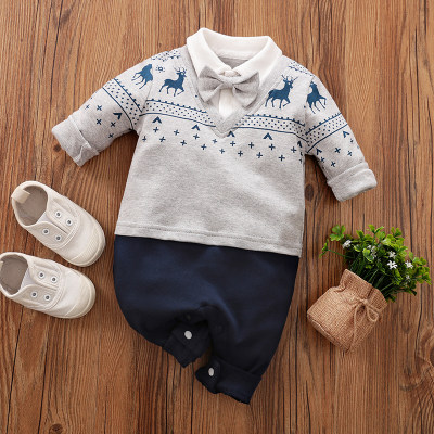 Baby Gentleman Style Fawn Pattern Bowknot Decor Long-Sleeve Jumpsuit