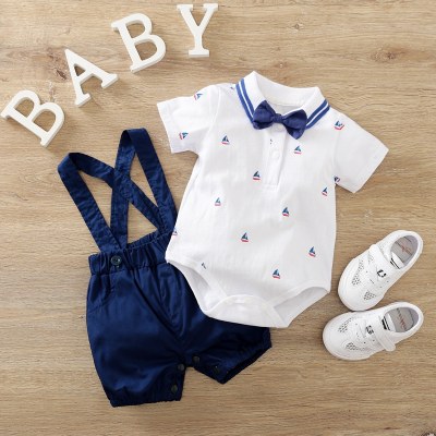 Baby Bow Decor Sailboat Printed Bodysuit & Solid Color Overalls