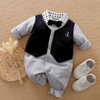 Baby Boy Gentleman Style Bowknot Decor Polo Jumpsuit  Gray