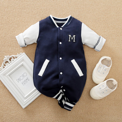 Baby Boy Preppy Style Color-block Letter Printed Long-sleeve Jumpsuit