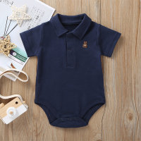 Baby Polo Collar Bear Embroidered Short-Sleeve Bodysuit  Navy Blue