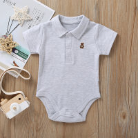 Baby Polo Collar Bear Embroidered Short-Sleeve Bodysuit  Gray