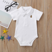 Baby Polo Collar Bear Embroidered Short-Sleeve Bodysuit  White