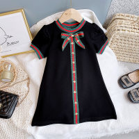 Toddler Girl Bowknot Decor Color-block Dress  Black