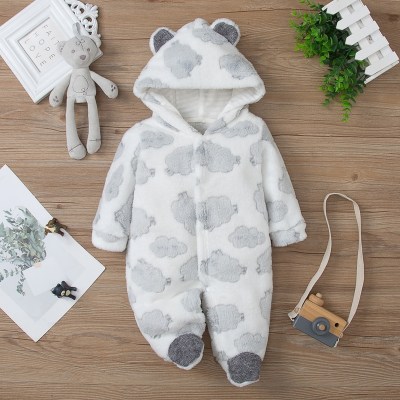 Baby Cute Clouds Pattern Bear-ear Long Sleeve Plush Hooded Jumpsuit