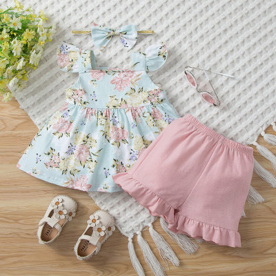 Bebé niña 3 piezas camiseta con estampado floral, pantalones cortos y diadema