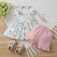 Baby Girl Floral Pattern T-Shirt & Shorts With Headband  Blue