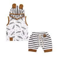 Baby Boby Feather Hooded Sleeveless T-shirt & Striped Shorts  White