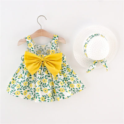 Toddler Girl Little Yellow Flower Pattern Casual Style Cotton Dress & Hat