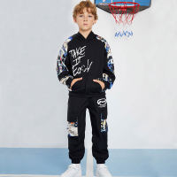 Kids Boys Letter And Cartoon Print Sweatshirt & Pocket Sweatpants Set  Black