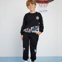 Kids Boys Geometric And Letter Print Colour Block Sweatshirt & Sweatpants Set  Black