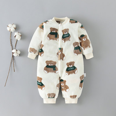 Baby Bear Pattern Plush Long-sleeved long-leg romper