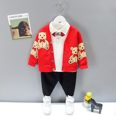 Toddler Boy Solid Color T-shirt & Bear Pattern Coat & Pants
