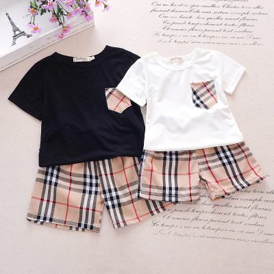 Toddler Classic Solid Color Short-sleeve T-shirt & Plaid Shorts