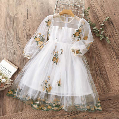Kids Girls Sweet Princess Floral Embroidery Gauze Princess Dress