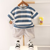 2-piece Solid Strip Short-sleeve Top and Shorts for Toddler  Blue