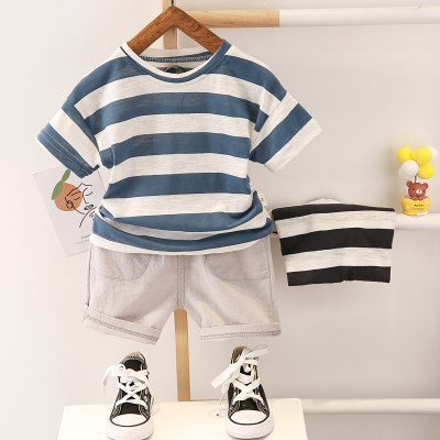 2-piece Solid Strip Short-sleeve Top and Shorts for Toddler