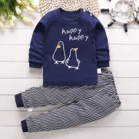 Toddler Boy Cartoon Printed Stripes T-shirt & Shorts Pajamas  Navy Blue