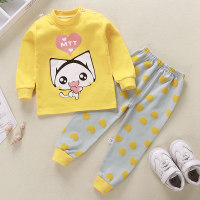 Cotton Cute Cartoon Langarm Pyjama Set  Gelb