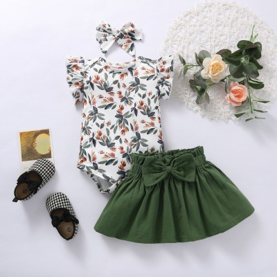 Baby Girl Floral Print Romper & Bowknot Decor Skirt & Headband