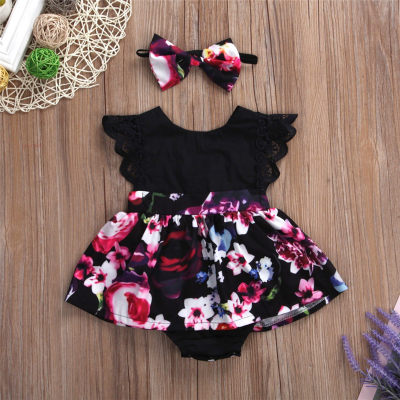2-piece Floral Printed Bodysuit & Headband for Baby Girl